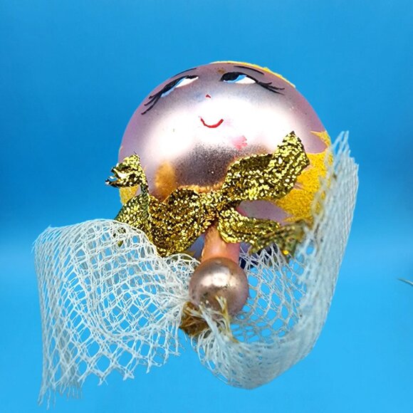 Vintage Pink Glass Angel Ornament Japan 1960s Yellow Glitter Hair Gold Bow v1 - Picture 8 of 10